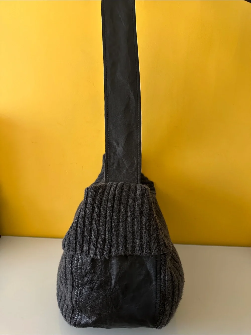 Darzzi Leather and Gray Lambswool Ribbed Knit Hobo Bag Slouchy Oversized Sling